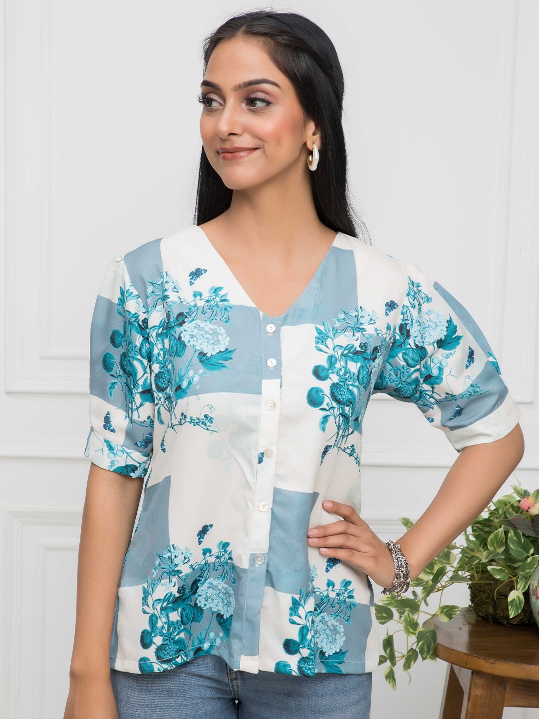 

KALINI Floral Printed Puff Sleeves Shirt Style Top, White