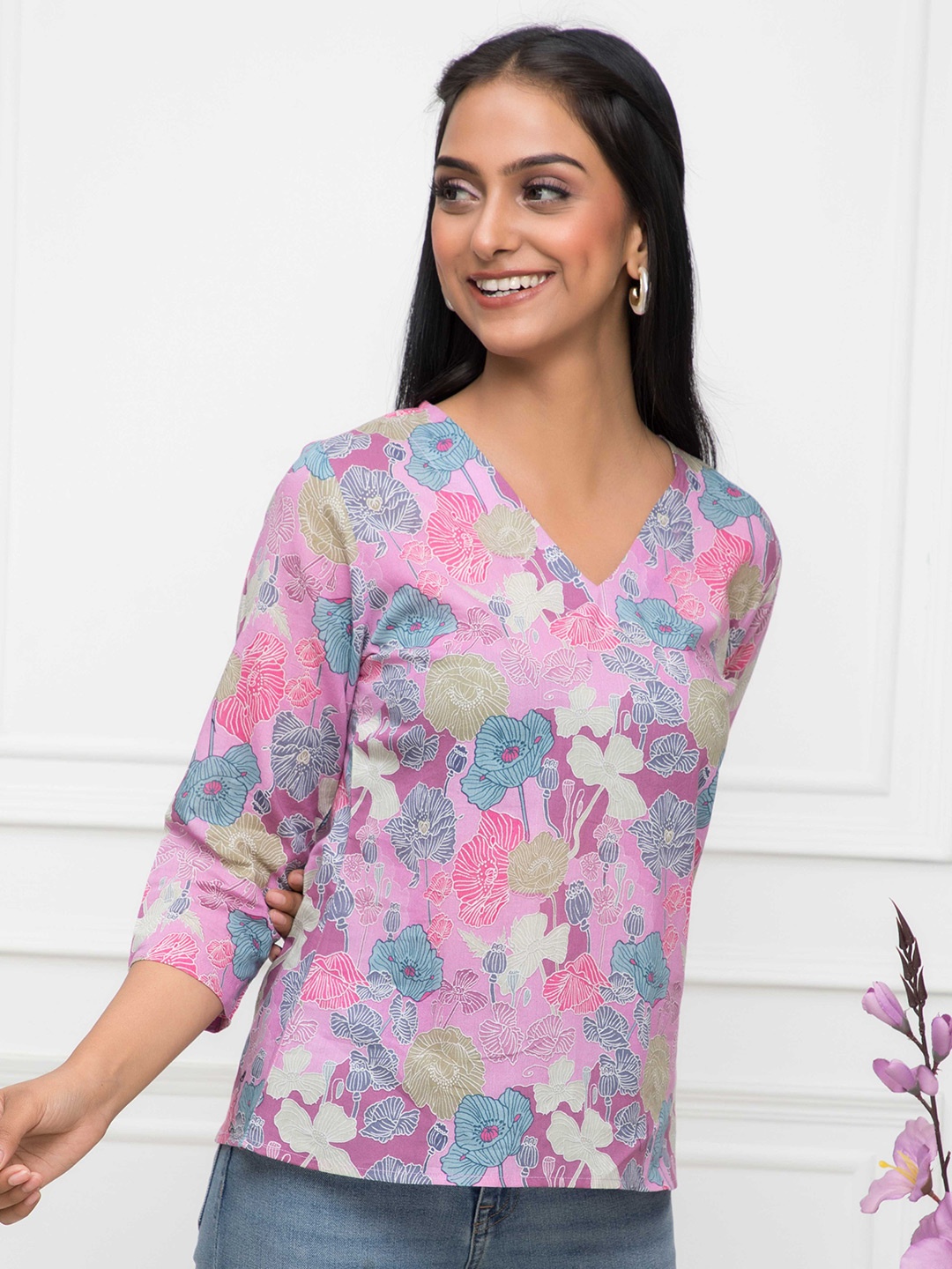 

KALINI Floral Printed V-neck Top, Pink