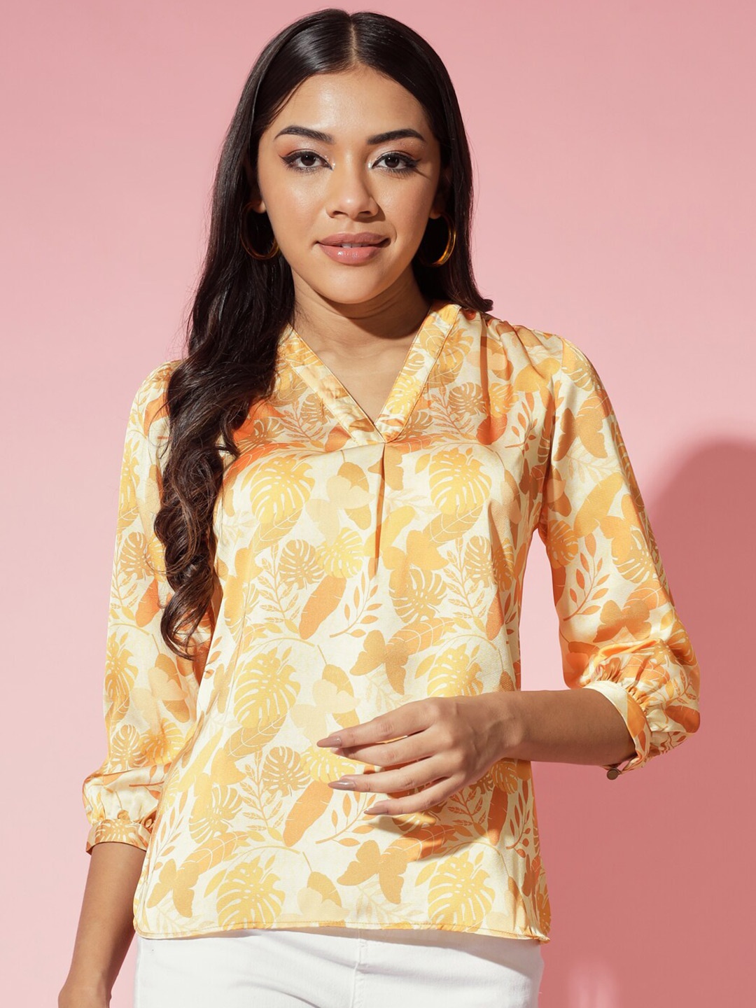 

KALINI Floral Printed V-Neck Crepe Top, Mustard