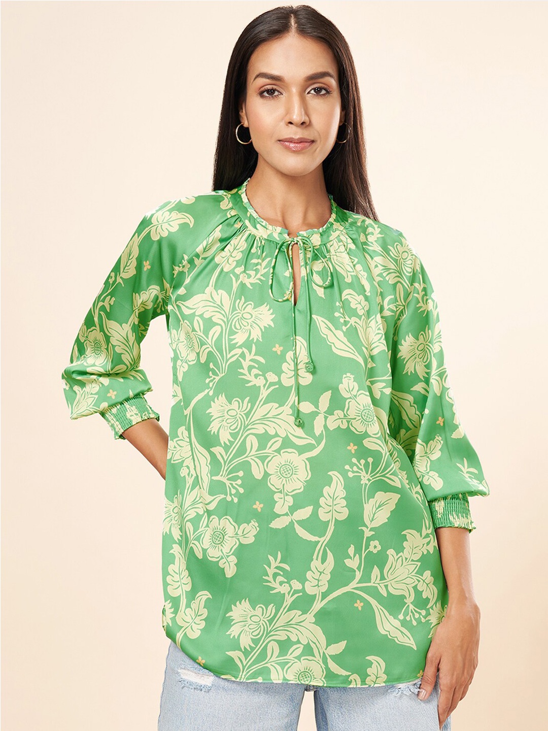 

Marigold Lane Floral Printed Tie-Up Neck Cuffed Sleeves Regular Top, Green