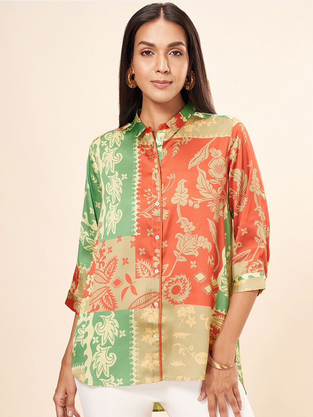 

Marigold Lane Floral Printed Shirt Collar Cuffed Sleeves Shirt Style Top, Orange