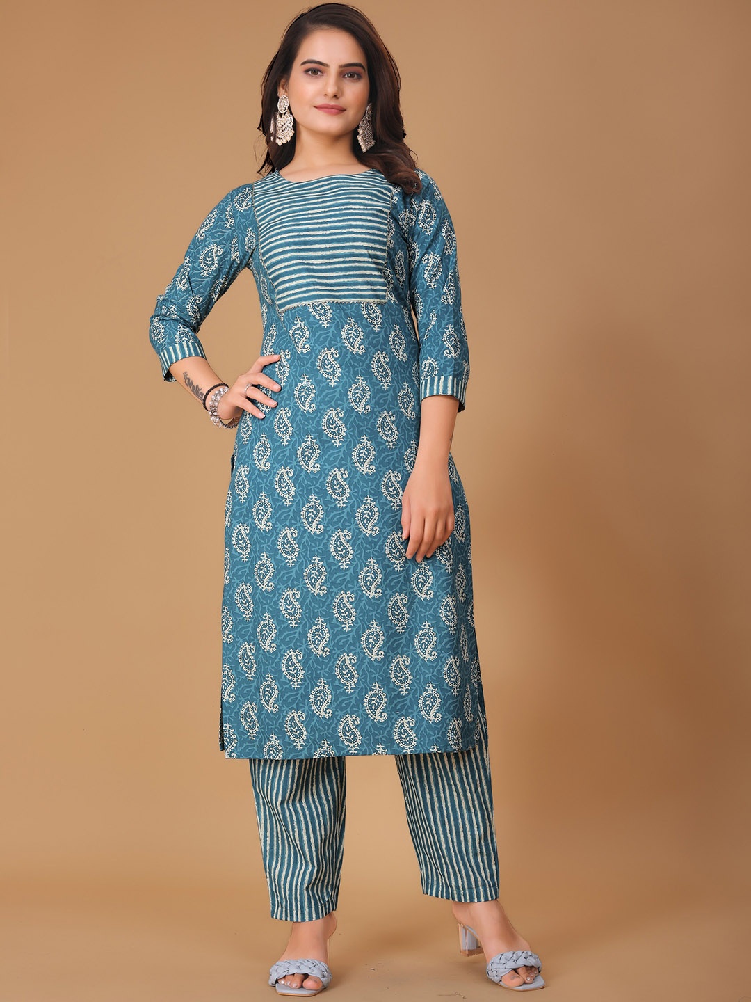 

KALINI Paisley Printed Pure Cotton Kurta with Trousers, Blue