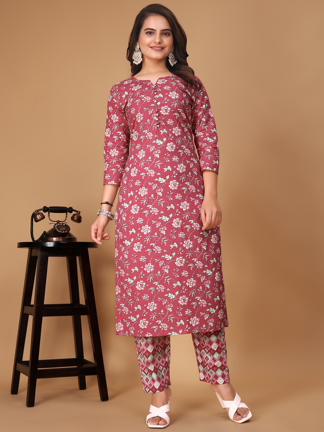 

KALINI Floral Printed Straight Pure Cotton Kurta with Trousers, Pink