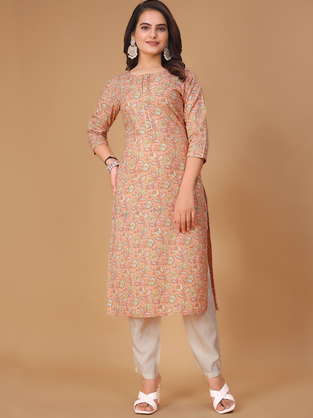 

KALINI Ethnic Motifs Printed Pure Cotton Kurta with Trousers, Peach