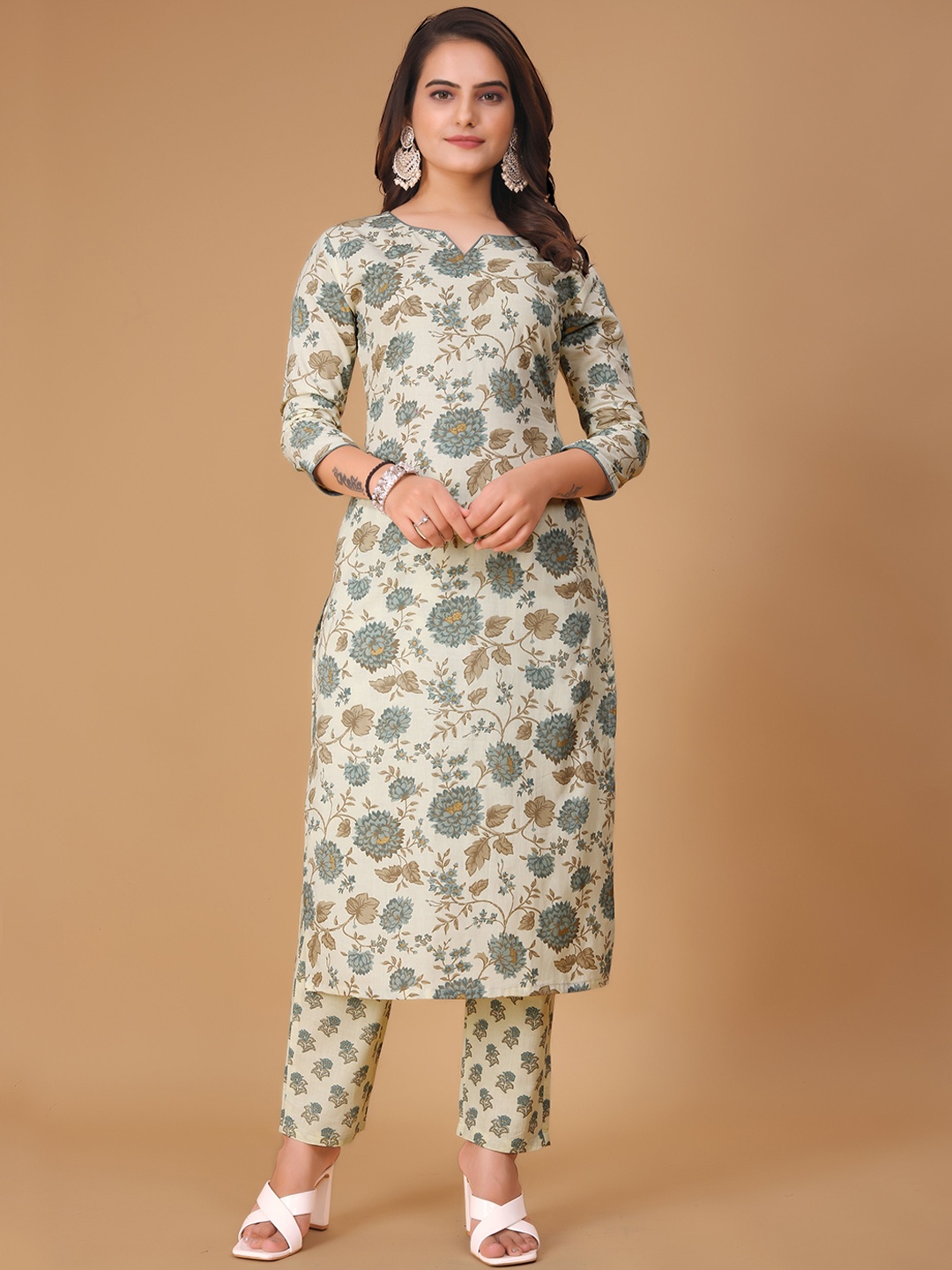 

KALINI Floral Printed Straight Pure Cotton Kurta with Trousers, Grey