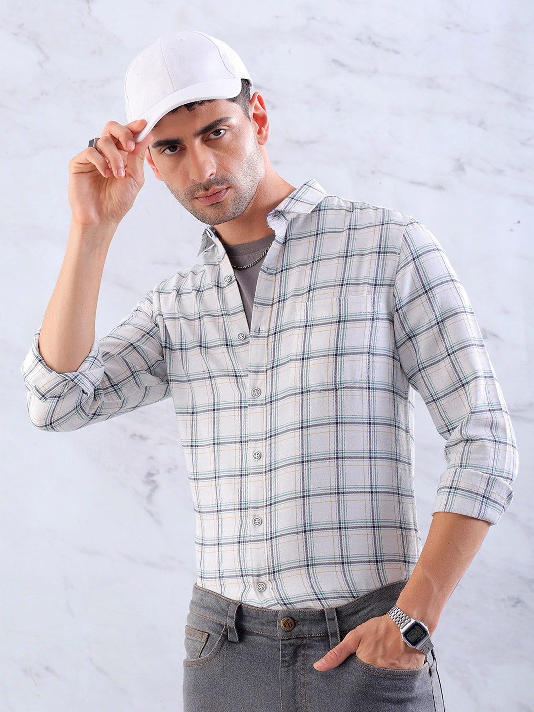 

Hardsoda by The Indian Garage Co Slim Fit Windowpane Checks Twill Casual Shirt, White