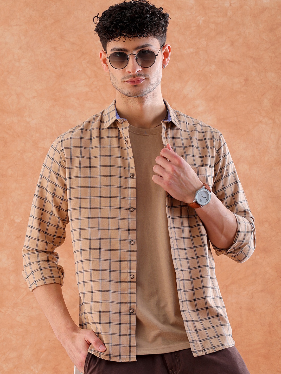 

HARDSODA Slim Fit Grid Tattersall Checks Casual Shirt, Beige