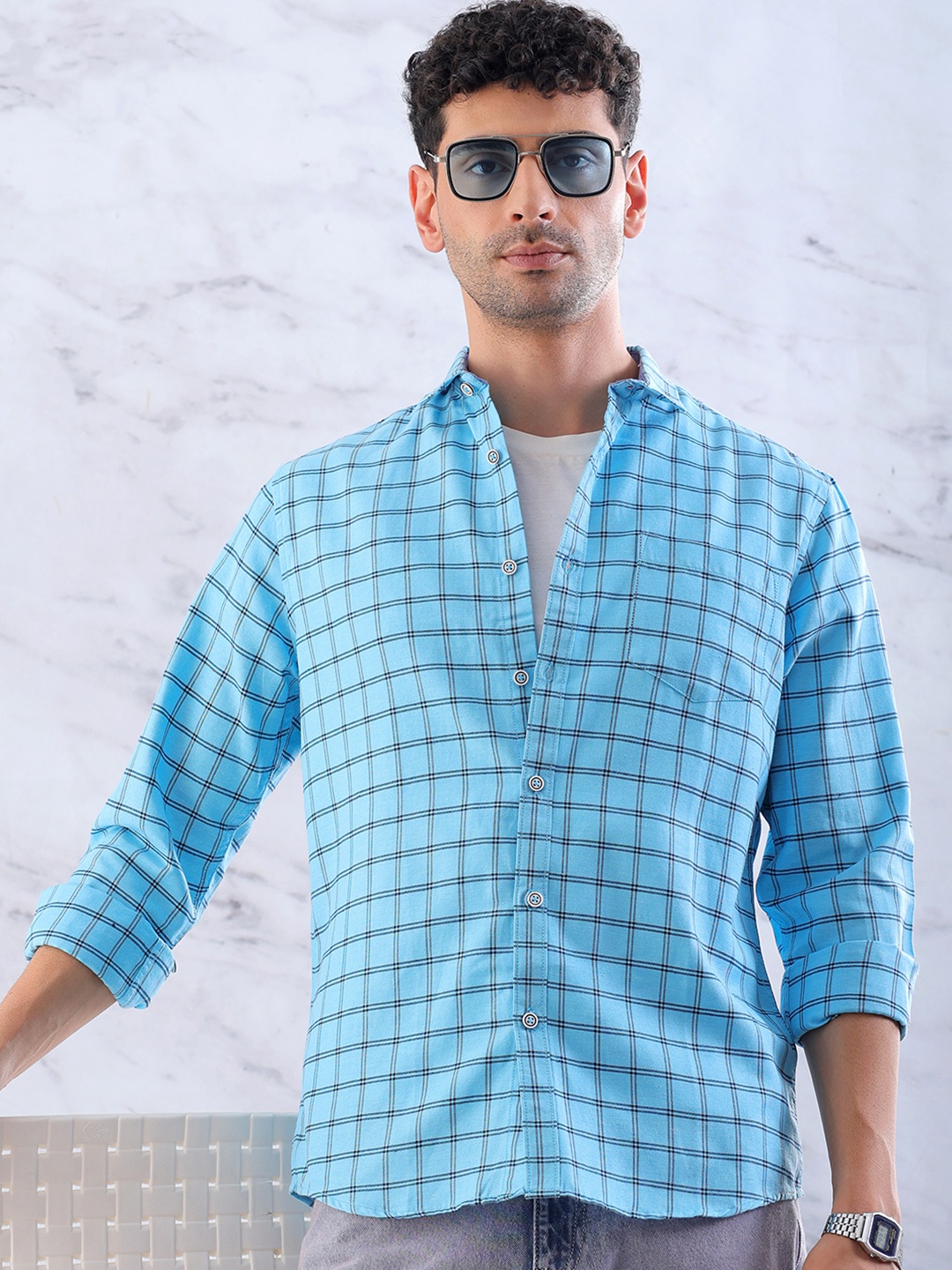 

Hardsoda by The Indian Garage Co Slim Fit Grid Tattersall Checks Twill Casual Shirt, Blue