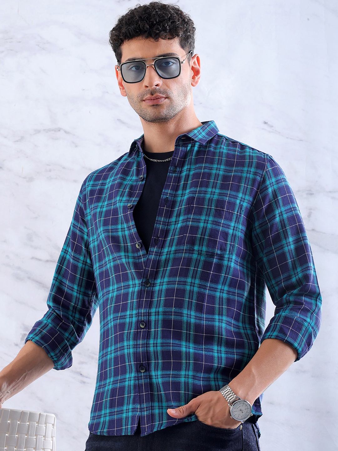 

HARDSODA Slim Fit Tartan Checks Casual Shirt, Green