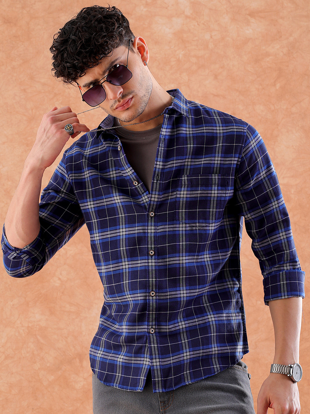 

Hardsoda by The Indian Garage Co Slim Fit Tartan Checks Twill Casual Shirt, Navy blue