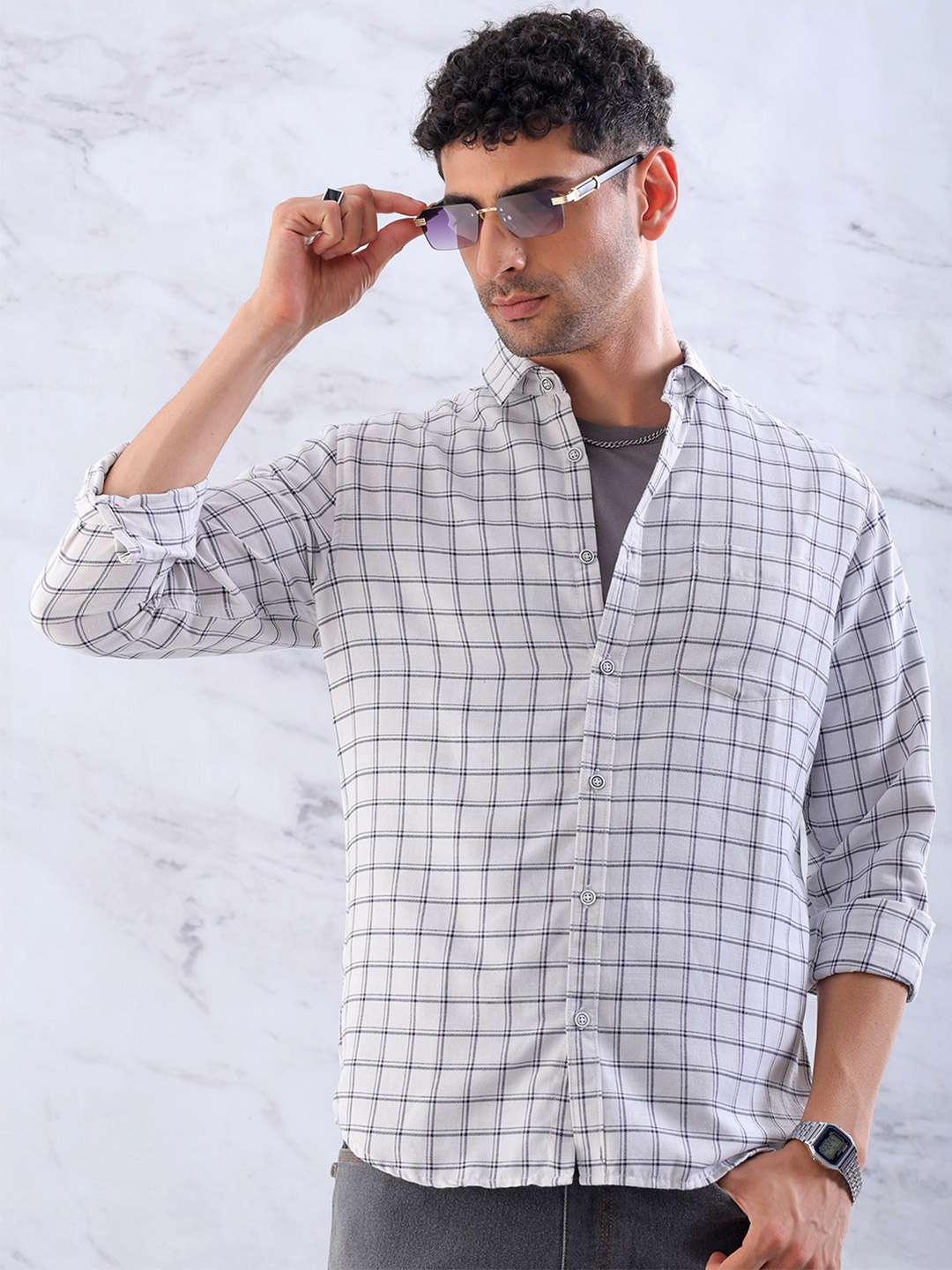 

Hardsoda by The Indian Garage Co Slim Fit Tartan Checks Casual Shirt, White