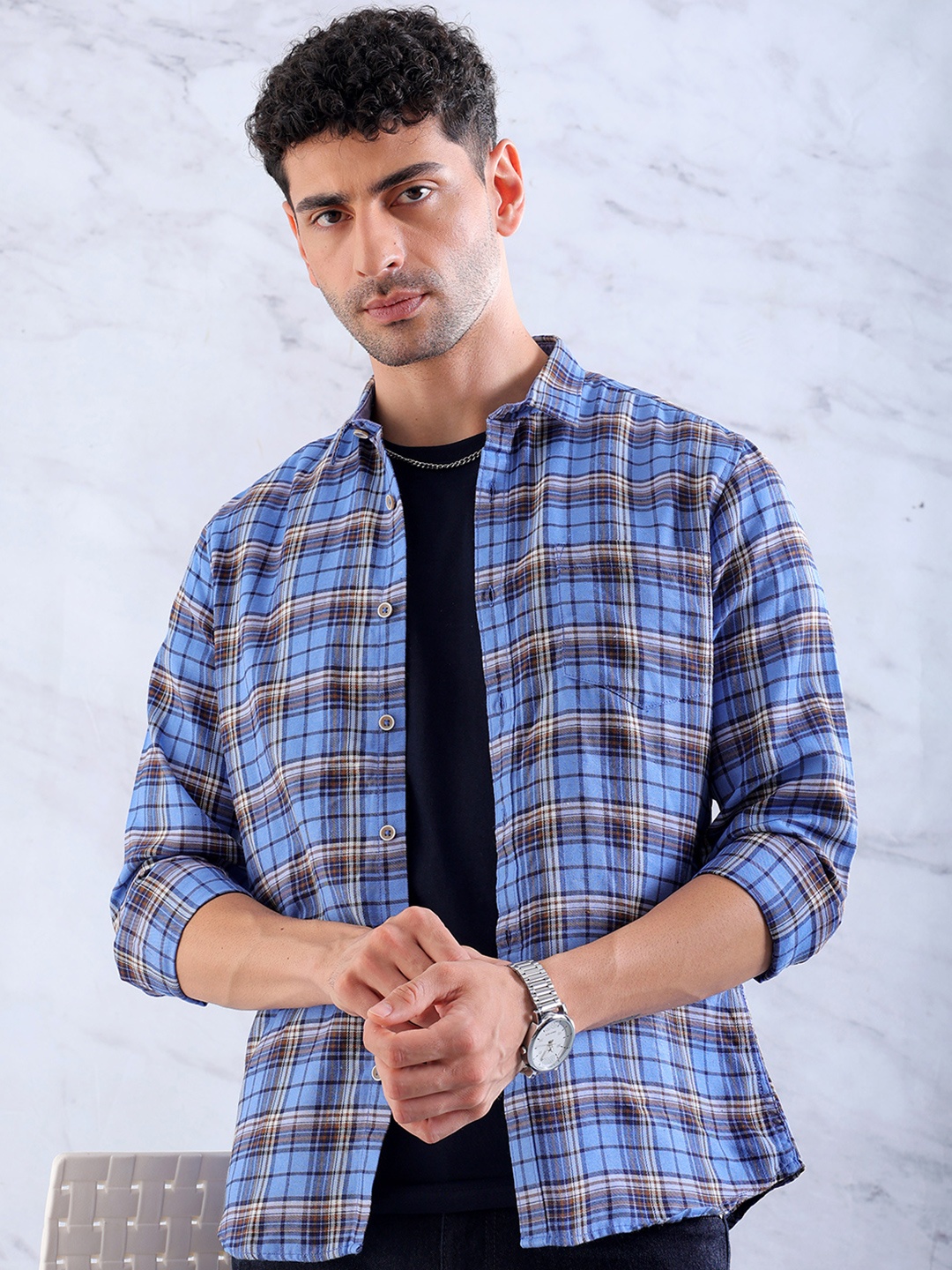 

Hardsoda by The Indian Garage Co Slim Fit Tartan Checks Casual Shirt, Blue