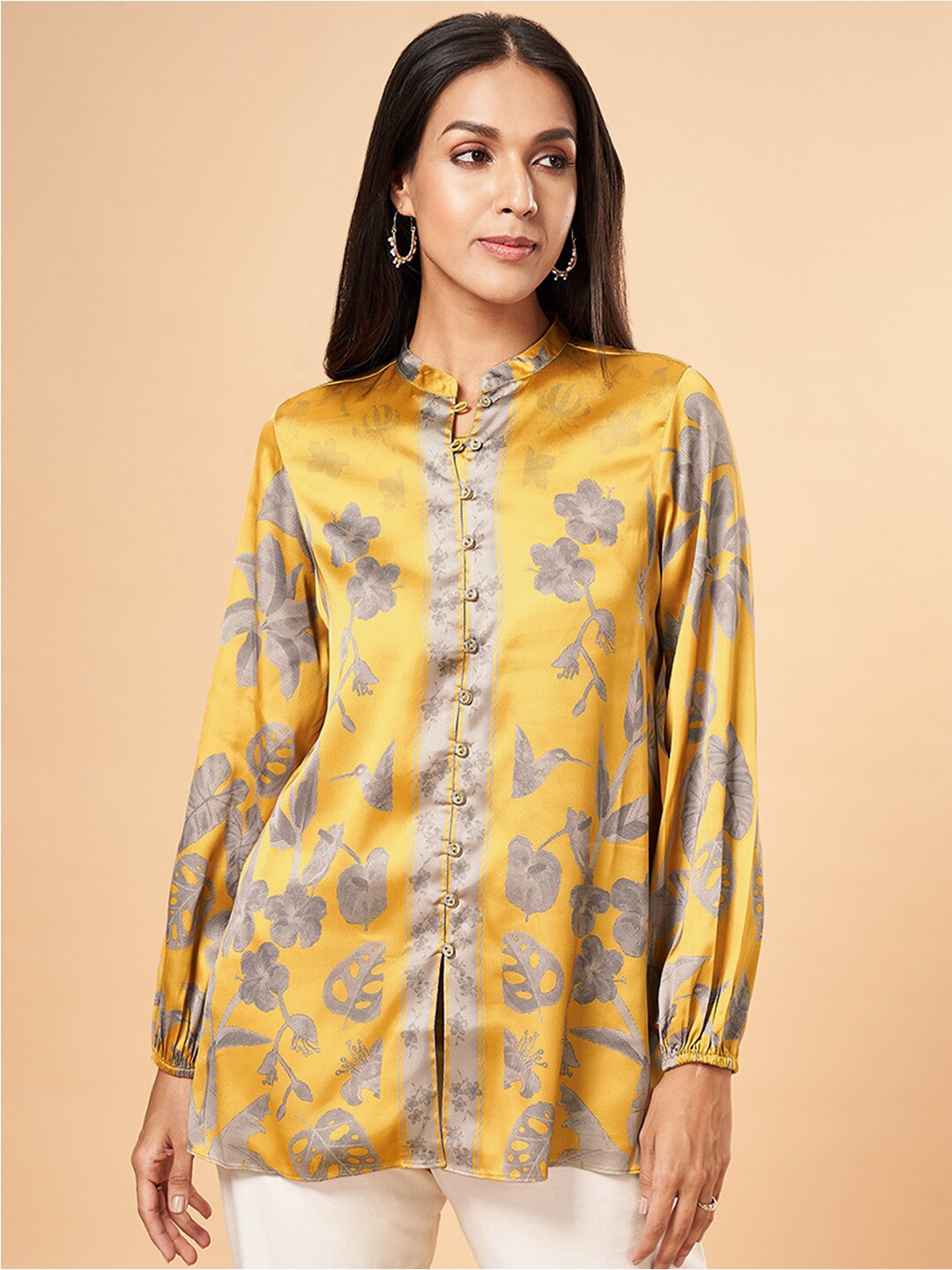 

Marigold Lane Floral Printed Mandarin Collar Tunic, Mustard