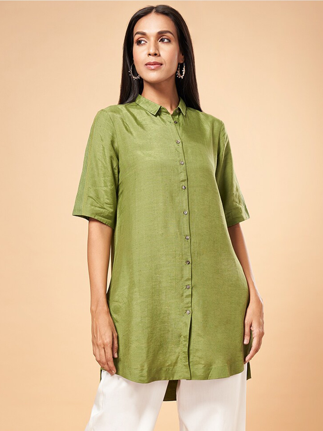 

Marigold Lane Linen Shirt Collar Tunic, Olive