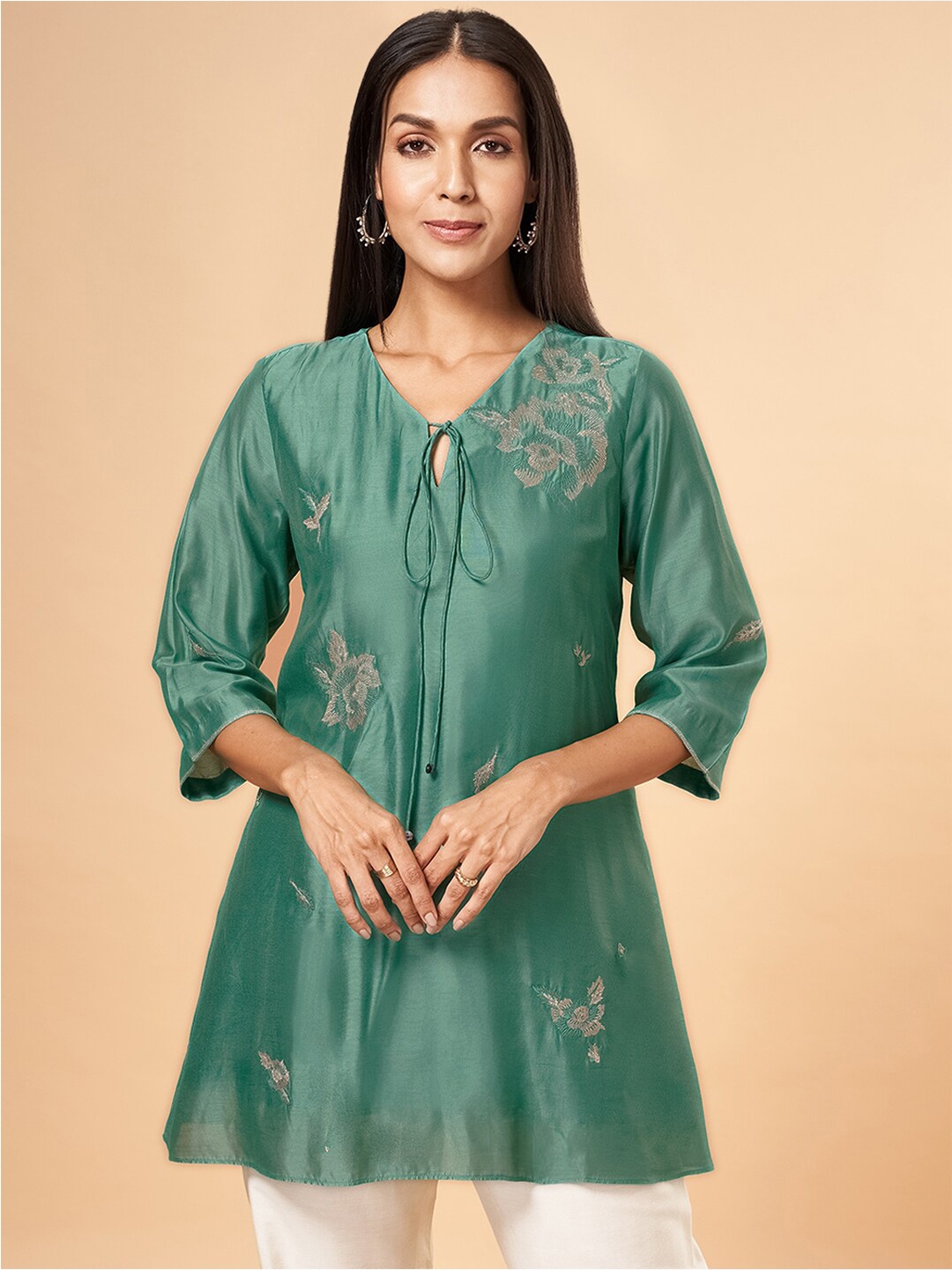 

Marigold Lane Floral Embroidered Tie-Up Neck Tunic, Green