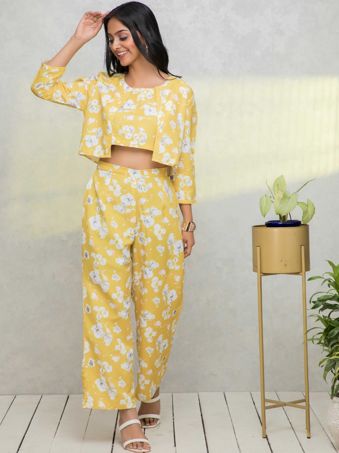 

KALINI Floral Printed Pastels Three-Piece Co-Ords, Yellow