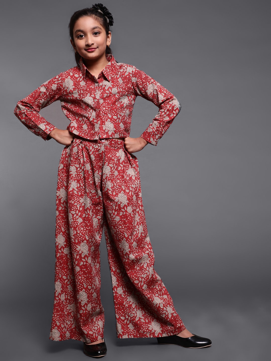 

Aks Kids Girls Floral Printed Pure Cotton Shirt and Palazzos, Red