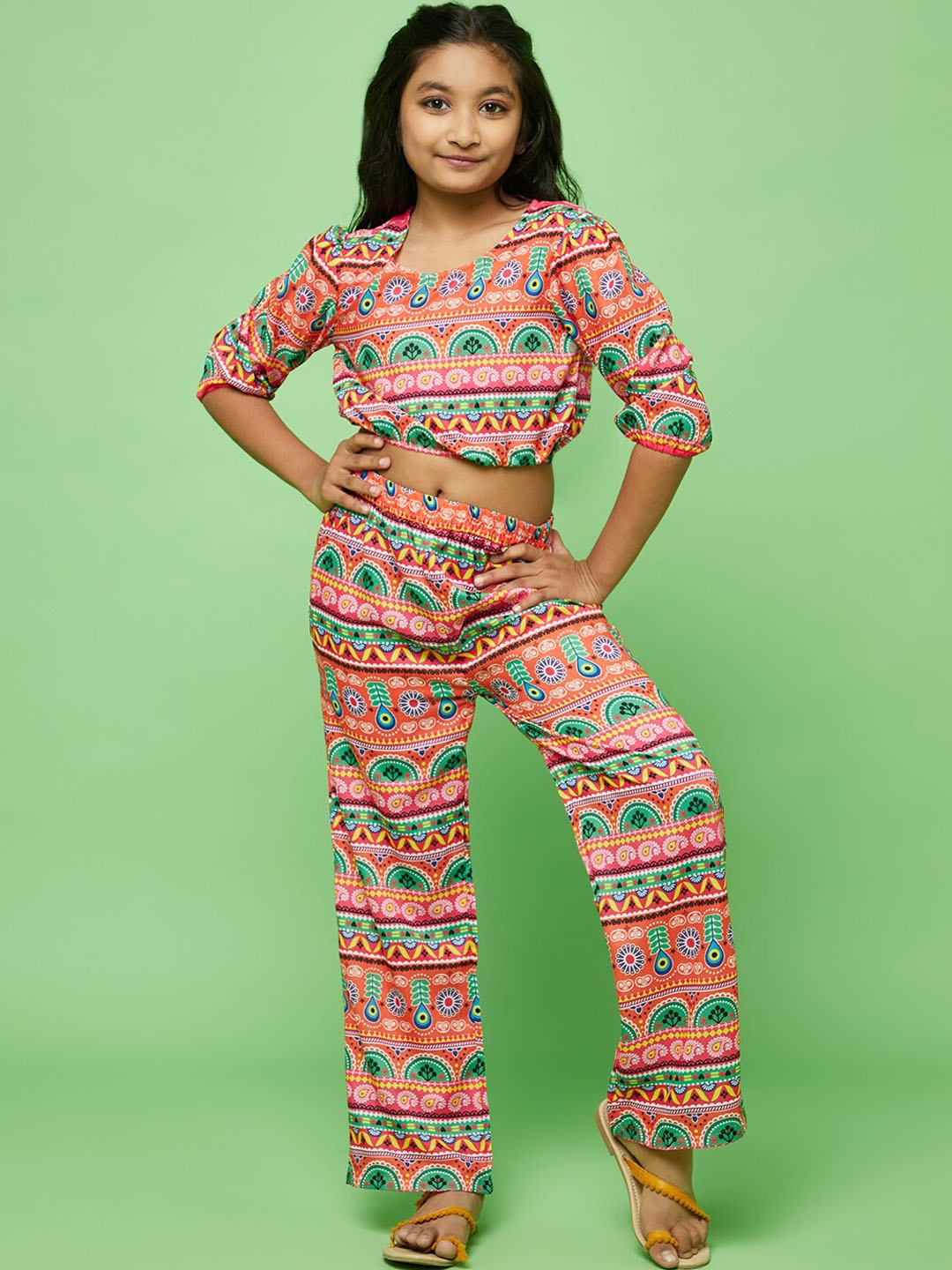 

Aks Kids Girls Printed Round Neck Top With Trousers, Orange