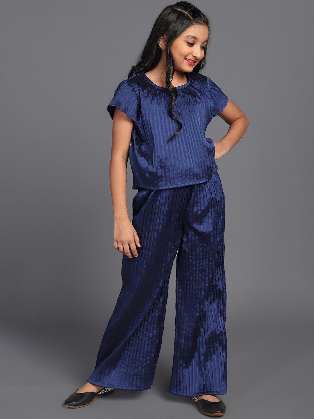 

Aks Kids Girls Self Design Top With Palazzo, Navy blue