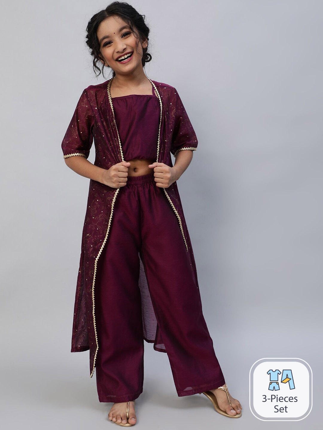 

Aks Kids Girls Sleeveless Pure Silk Top with Palazzos & Jacket, Burgundy