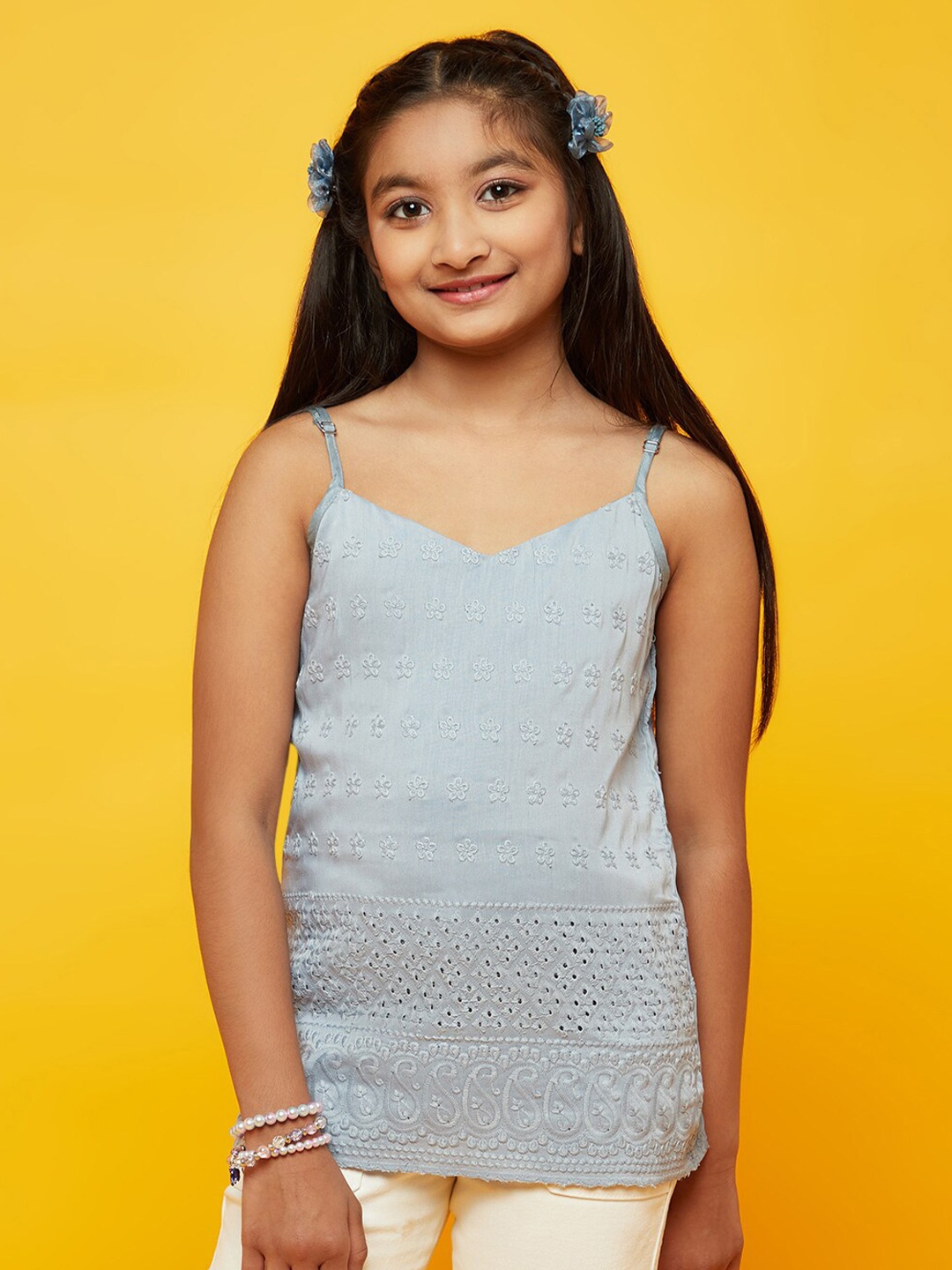 

Aks Kids Girls Floral Embroidered Shoulder Straps Regular Top, Grey