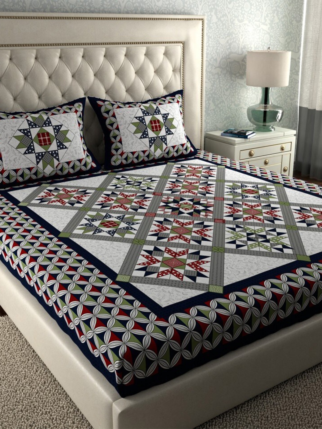

Lali Prints White & Black Geometric Cotton 130 TC Queen Bedsheet With 2 Pillow Covers