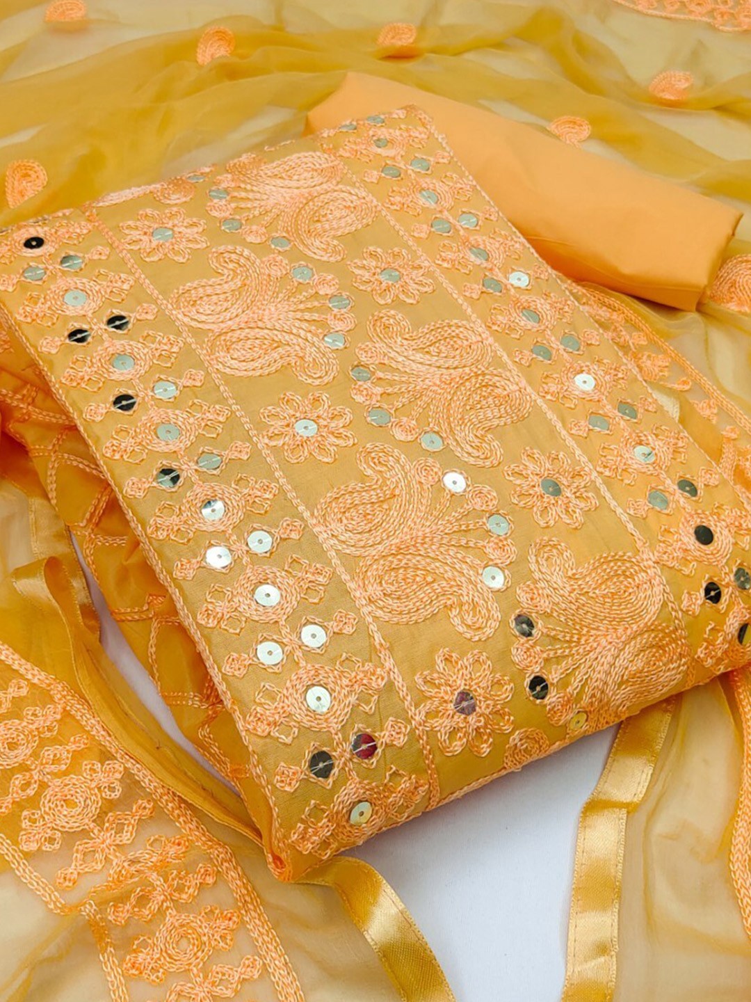 

ZEEPKART Ethnic Motifs Embroidered Sequinned Unstitched Dress Material, Orange
