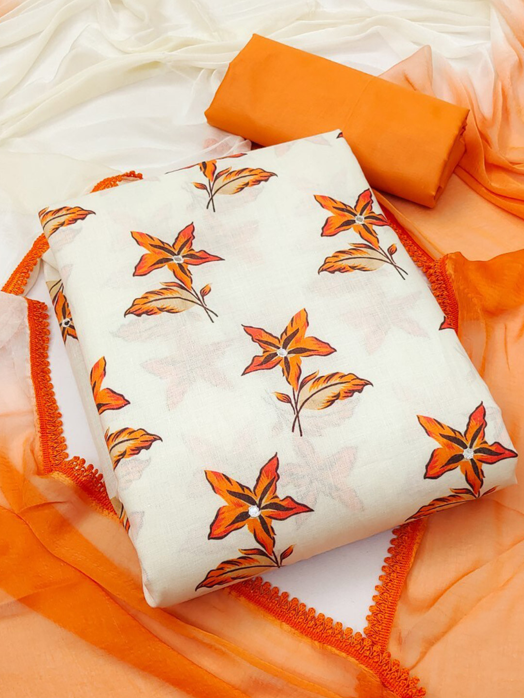 

ZEEPKART Floral Printed Unstitched Dress Material, Orange