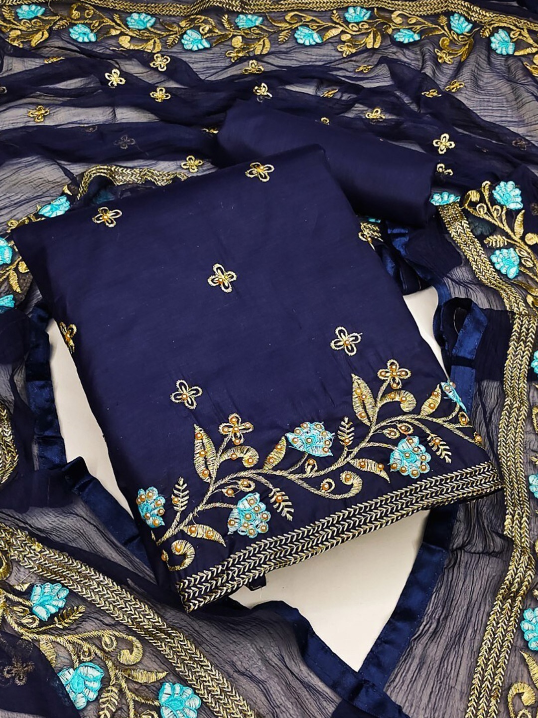 

ZEEPKART Floral Embroidered Unstitched Dress Material, Navy blue