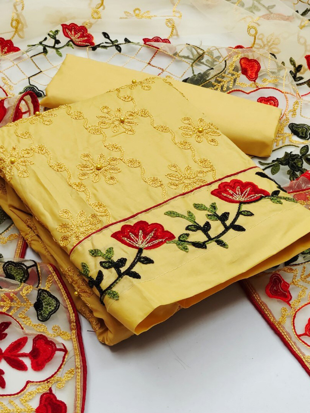 

ZEEPKART Floral Embroidered Unstitched Dress Material, Yellow