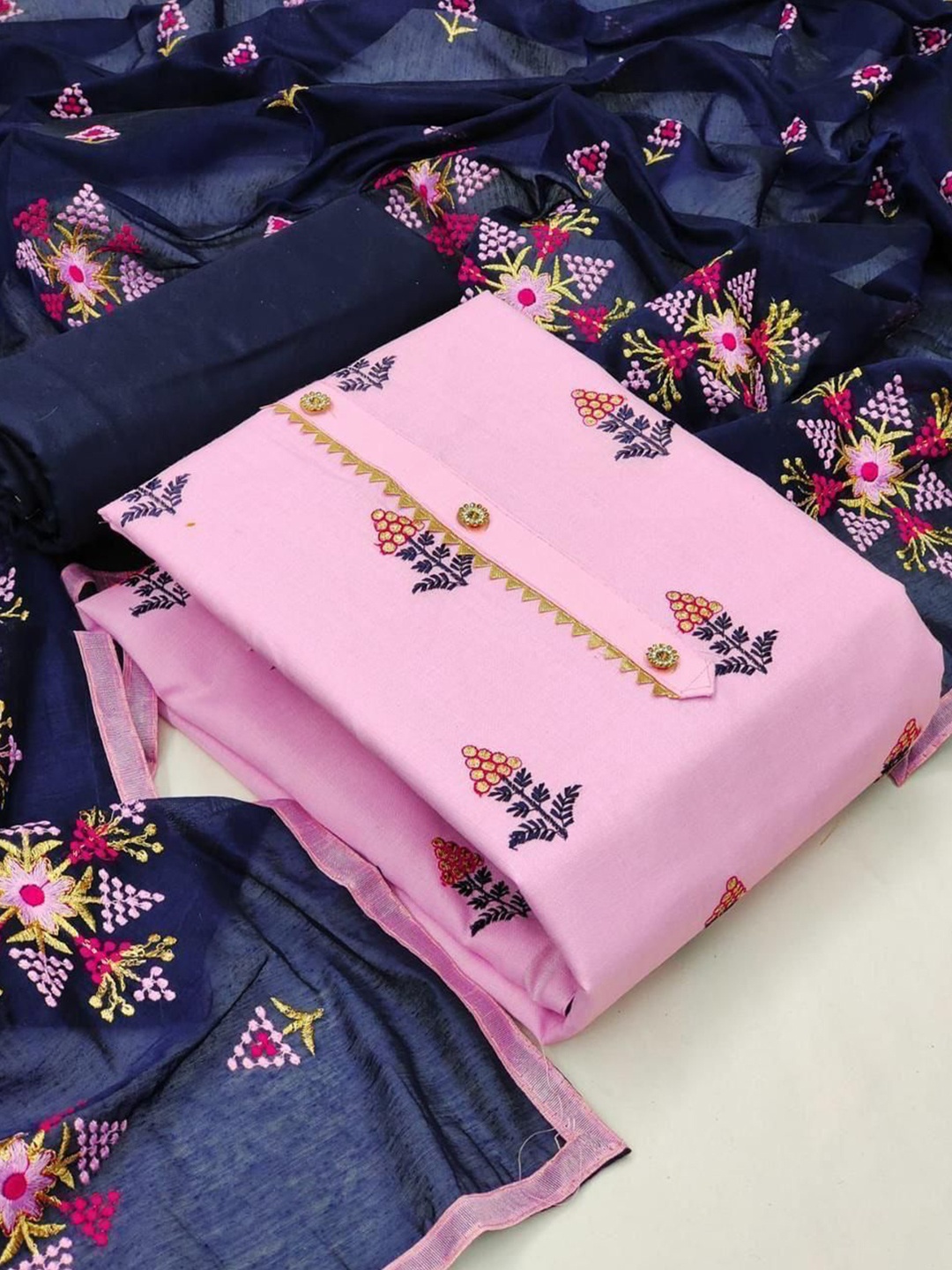 

ZEEPKART Floral Embroidered Unstitched Dress Material, Pink