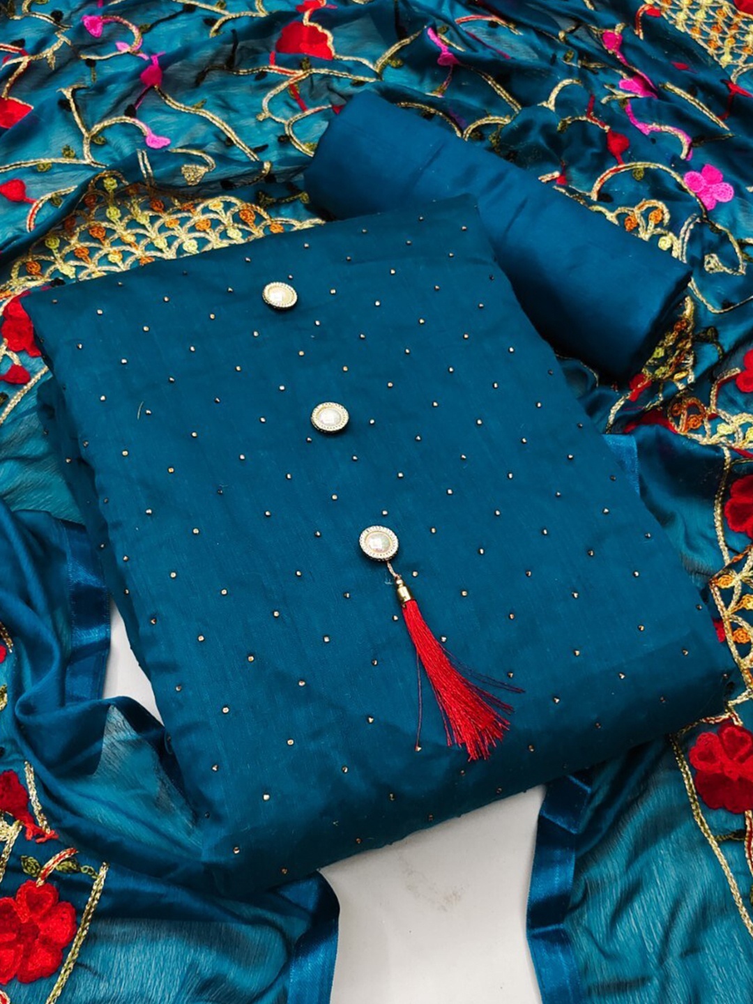 

ZEEPKART Floral Embroidered Unstitched Dress Material, Blue