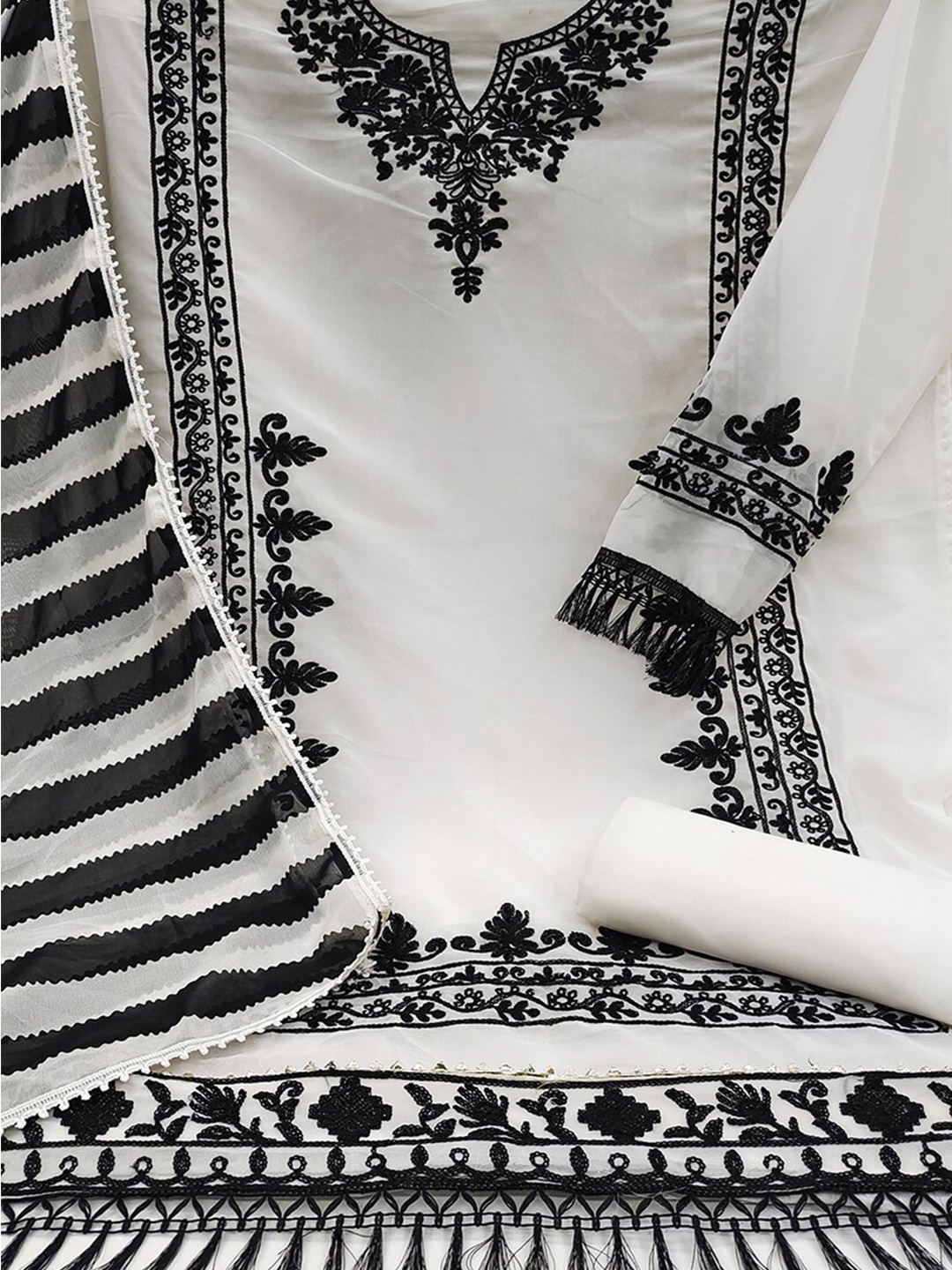 

ZEEPKART Floral Embroidered Silk Georgette Unstitched Dress Material, White