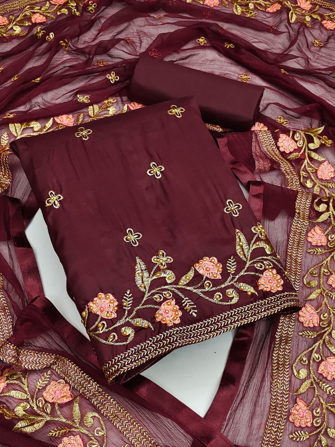 

ZEEPKART Unstitched Dress Material, Maroon