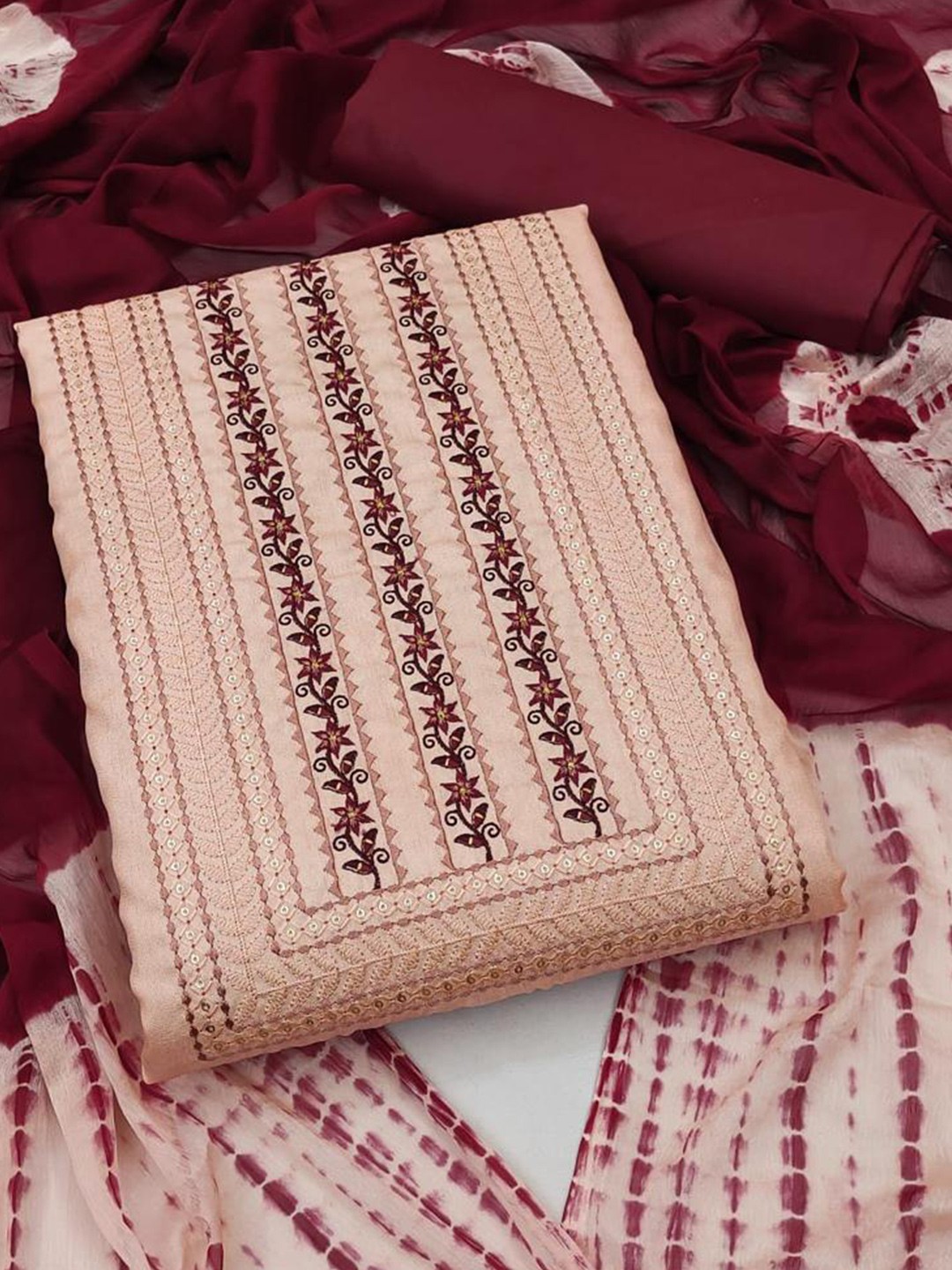 

ZEEPKART Ethnic Motifs Embroidered Sequinned Unstitched Dress Material, Maroon