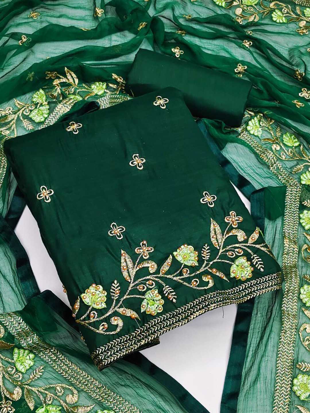 

ZEEPKART Ethnic Motifs Embroidered Unstitched Dress Material, Green