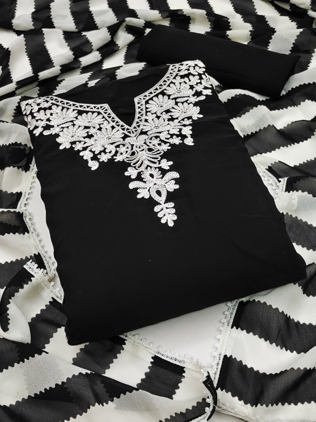 

ZEEPKART Floral Embroidered Unstitched Dress Material, Black