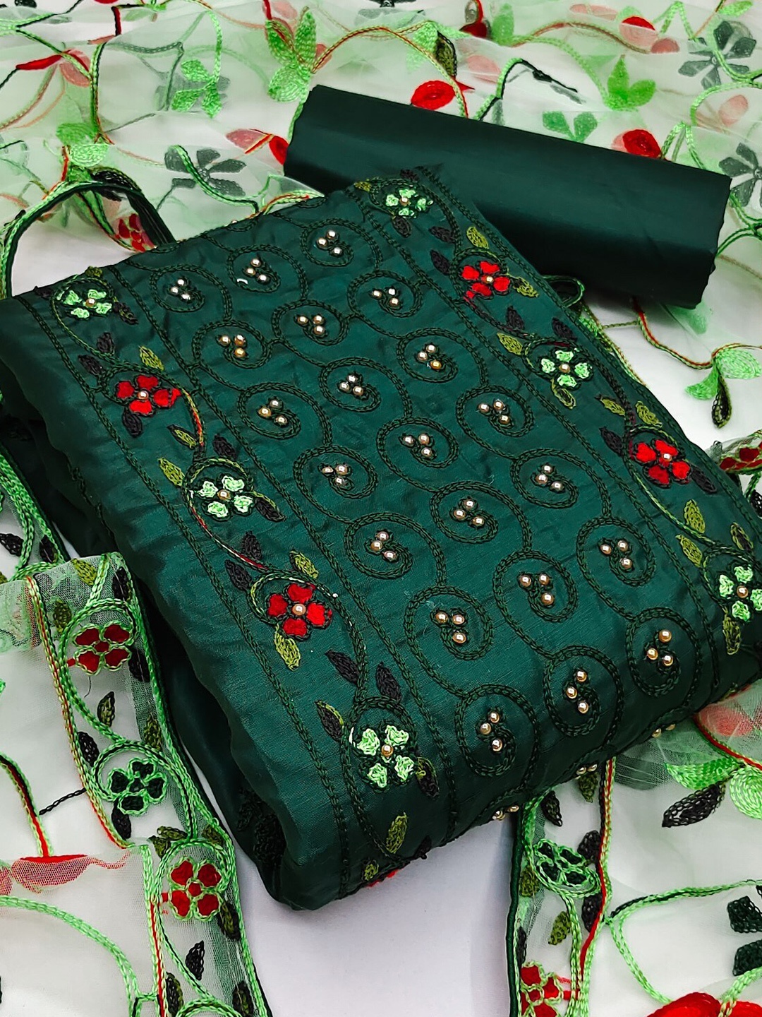 

ZEEPKART Ethnic Motifs Embroidered Sequined Unstitched Dress Material, Green