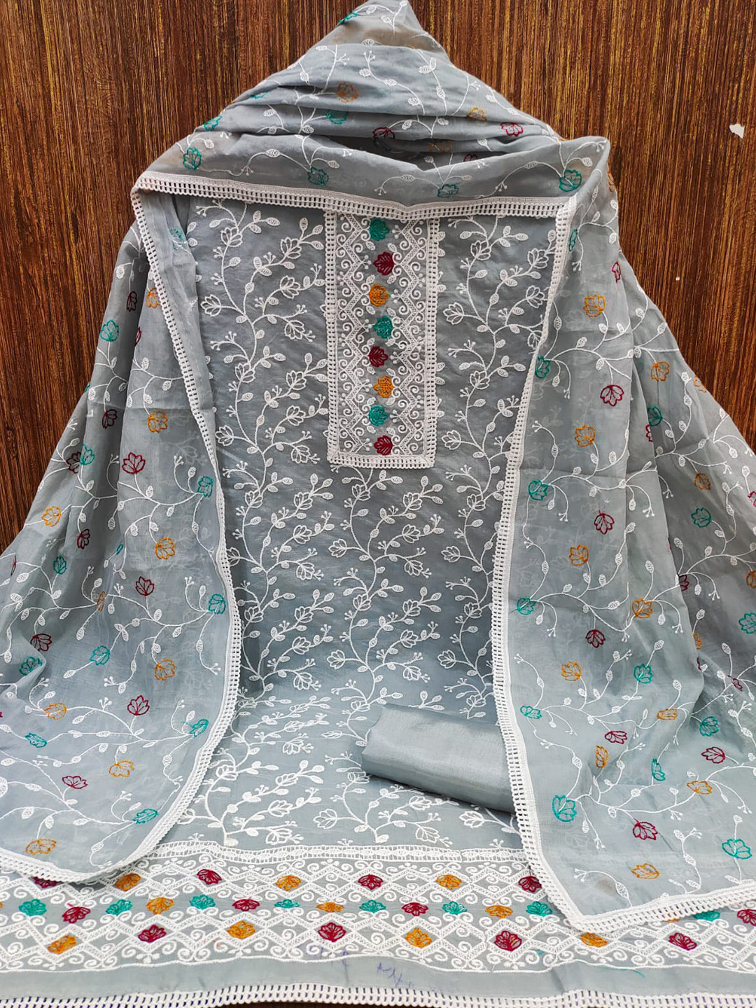 

ZEEPKART Floral Embroidered Unstitched Dress Material, Grey