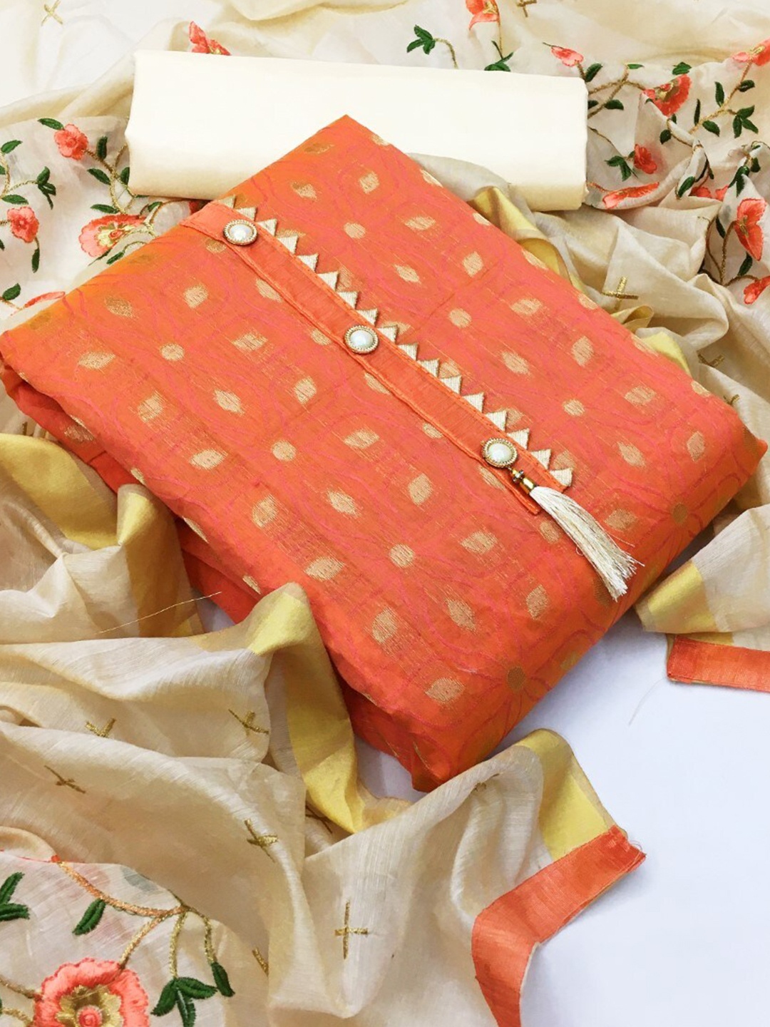 

ZEEPKART Woven Design Unstitched Dress Material, Orange