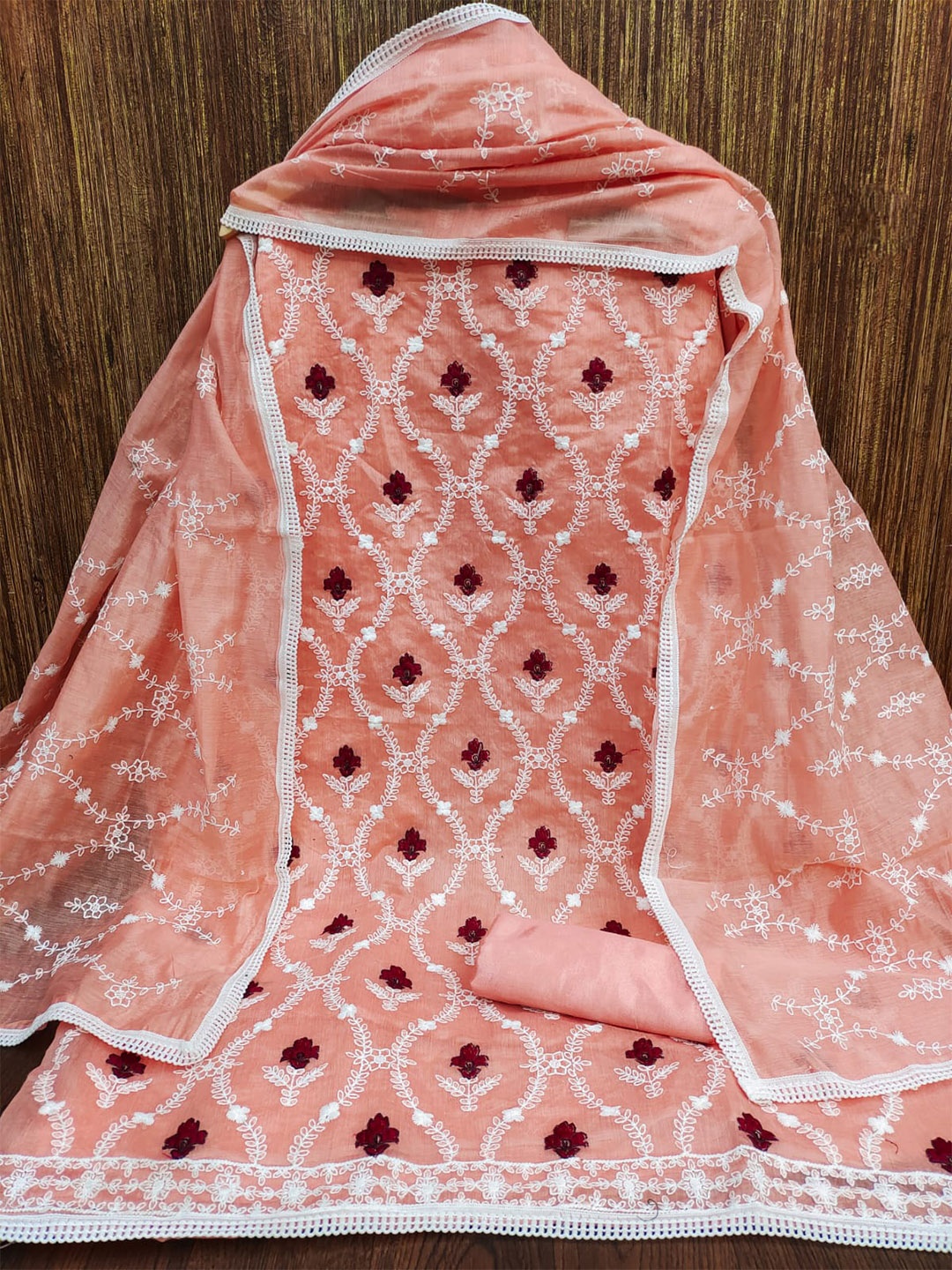 

ZEEPKART Floral Embroidered Unstitched Dress Material, Peach