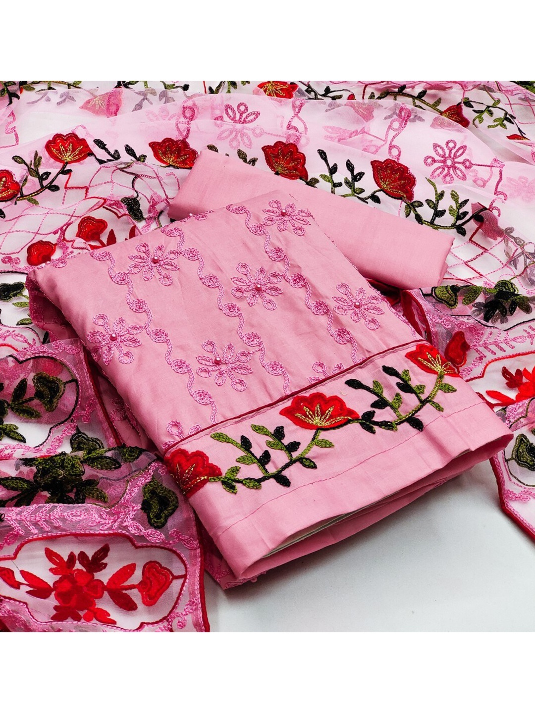 

ZEEPKART Floral Embroidered Beads Detail Unstitched Dress Material, Pink