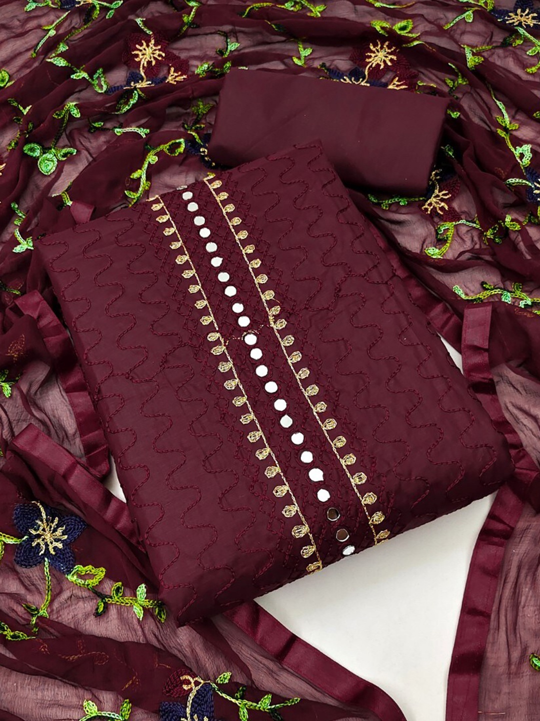 

ZEEPKART Chevron Embroidered Mirror Work Detail Unstitched Dress Material, Maroon