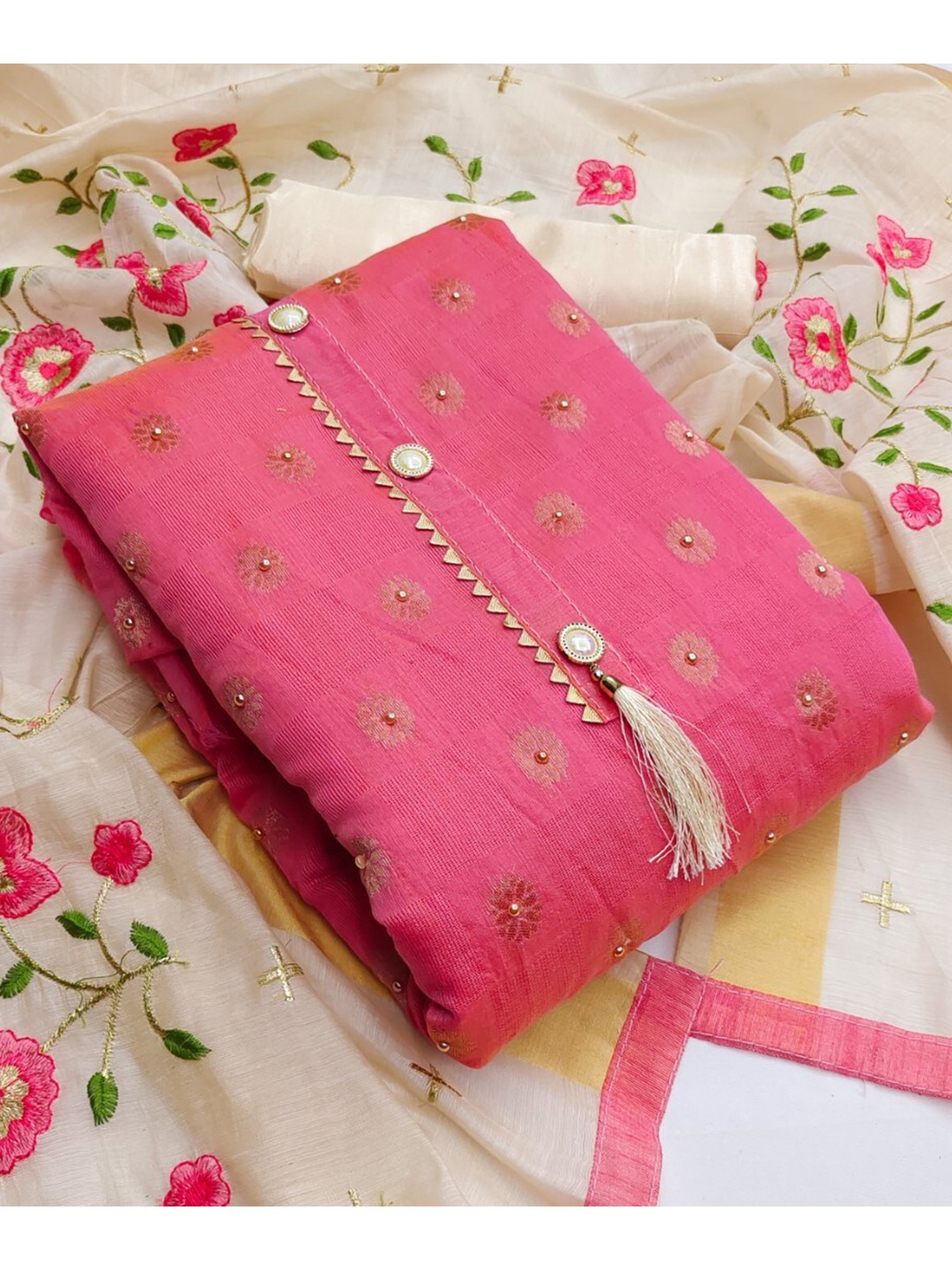 

ZEEPKART Floral Woven Design Beads Detail Unstitched Dress Material, Pink