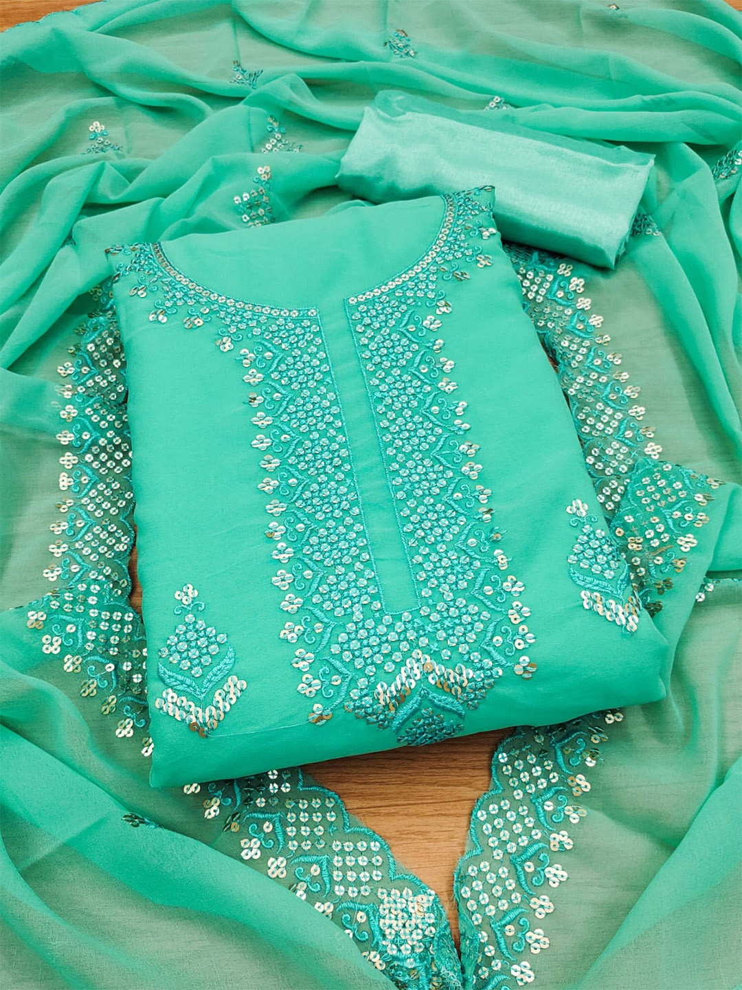 

ZEEPKART Ethnic Motifs Embroidered Sequinned Detail Unstitched Dress Material, Blue