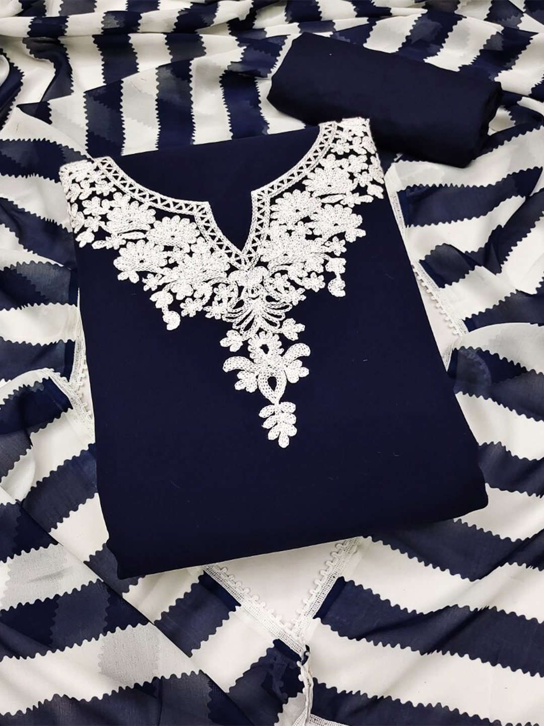 

ZEEPKART Floral Embroidered Silk Georgette Unstitched Dress Material, Blue