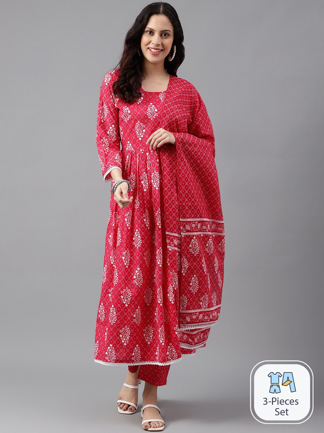 

SAABHI Ethnic Motifs Printed Pure Cotton Kurta with Palazzos & Dupatta, Pink