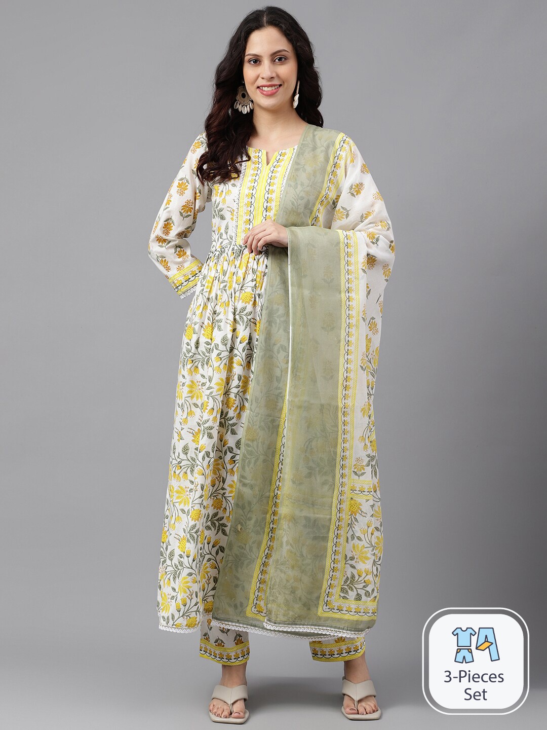 

SAABHI Floral Printed Pure Cotton Kurta with Palazzos & Dupatta, Yellow