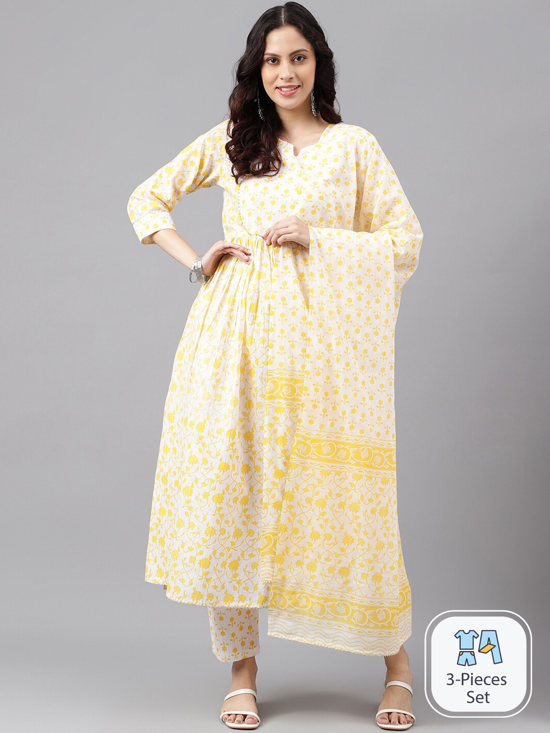 

SAABHI Floral Printed Regular Pure Cotton Kurta with Trousers & Dupatta, Yellow