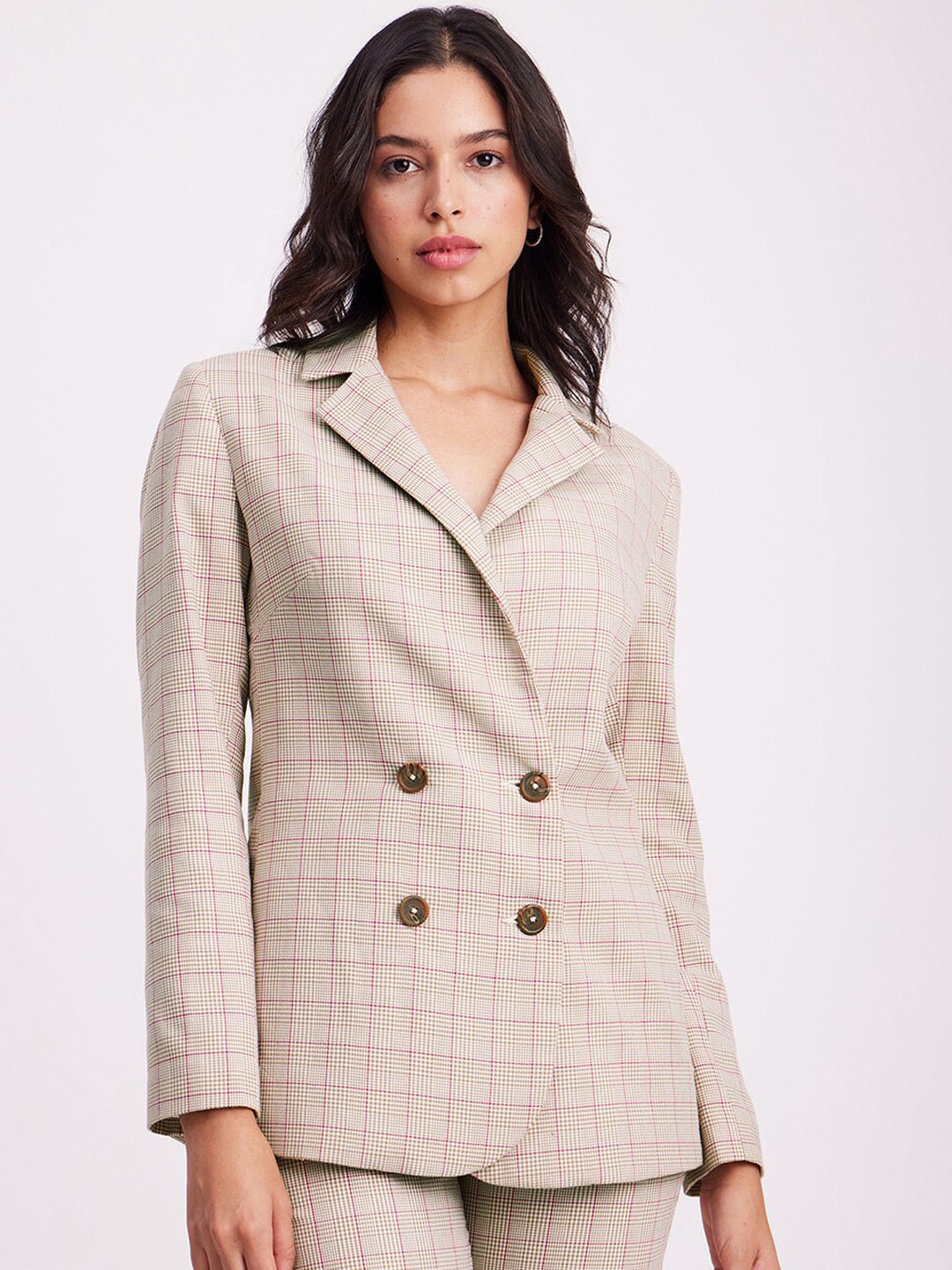 

FableStreet Checked Tailored-Fit Double-Breasted Blazer, Beige